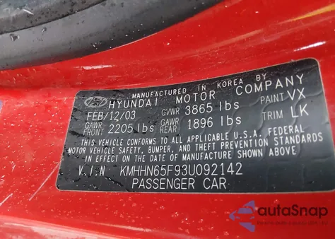 2003 Hyundai Tiburon Gt V6 from USA, damaged, VIN KMHHN65F93U092142